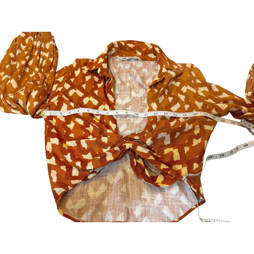 Zara Orange Abstract Print Knot Front Cropped Linen Blend Blouse XS - Picture 6 of 8